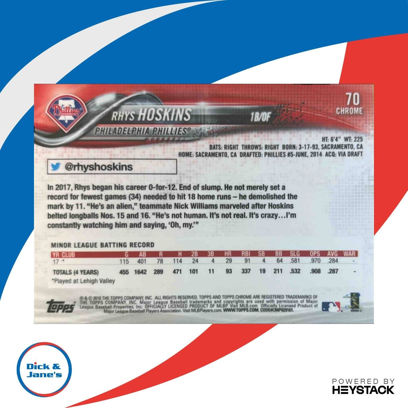 2018 Topps Chrome Rhys Hoskins #70 RC Philadelphia Phillies - Sports Cards