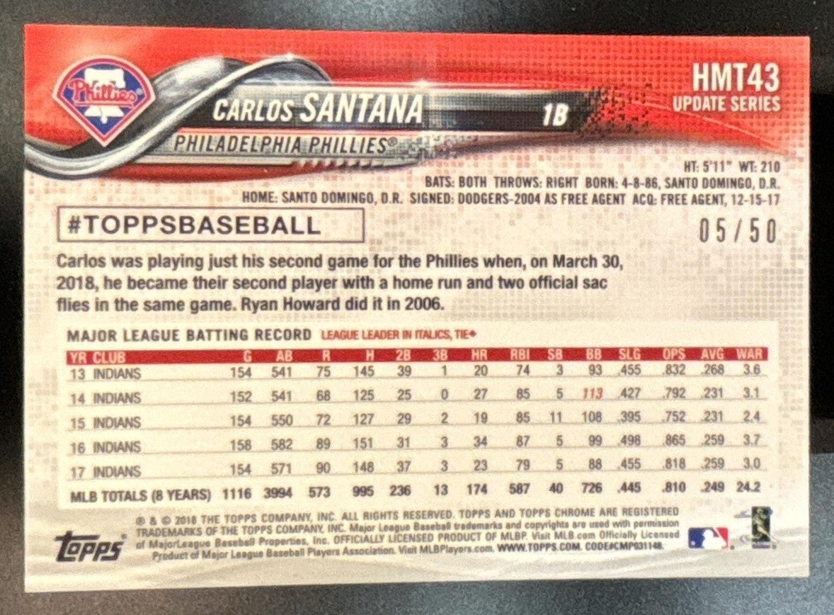2018 Topps Chrome Update Carlos Santana Gold /50 #HMT43 Philadelphia Phillies - Sports Cards