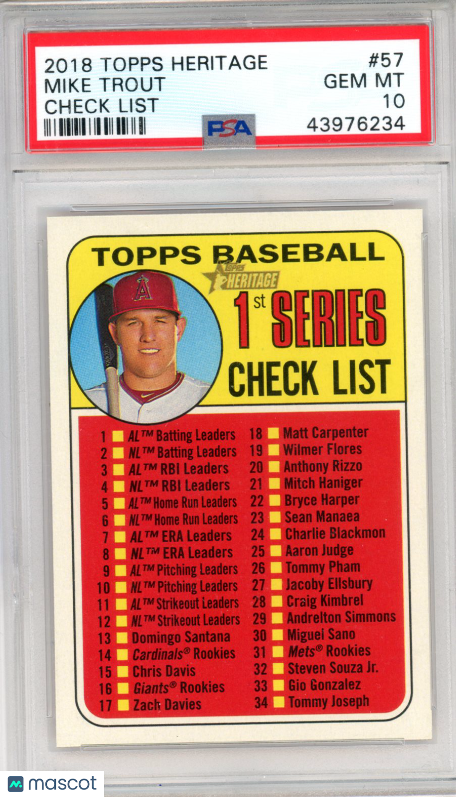 2018 Topps Heritage Mike Trout Check List #57 PSA 10 - Graded Sports Cards