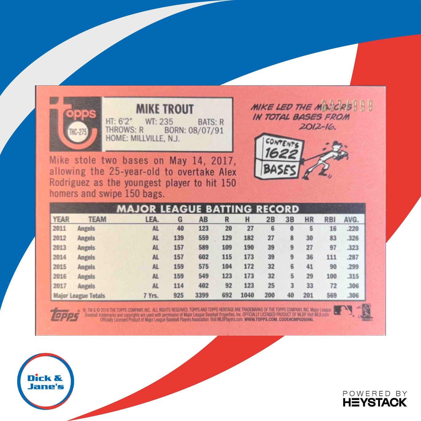 2018 Topps Heritage Mike Trout Chrome 2/999 #THC-275 Los Angeles Angels - Sports Cards