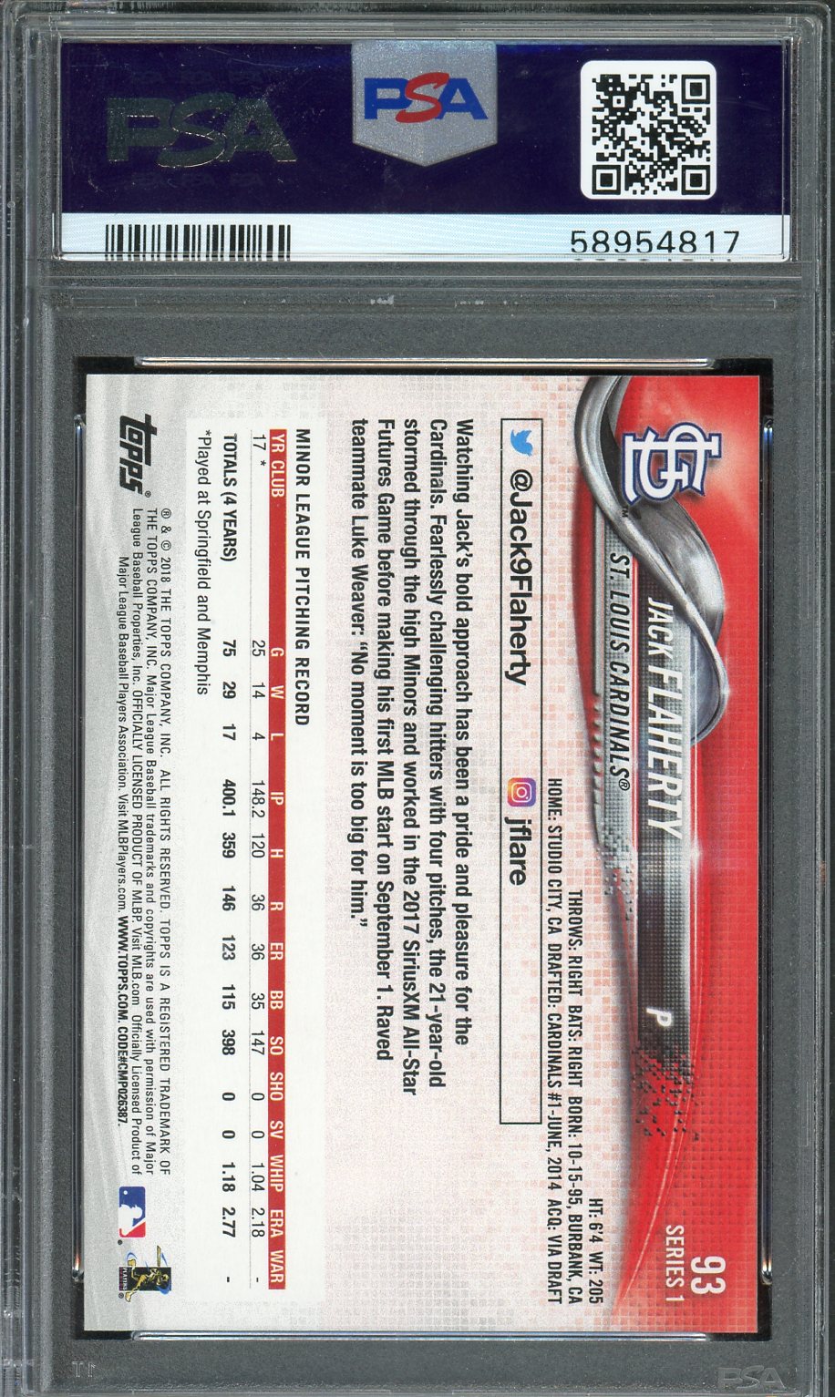 2018 Topps Jack Flaherty #93 PSA 9 - Graded Sports Cards