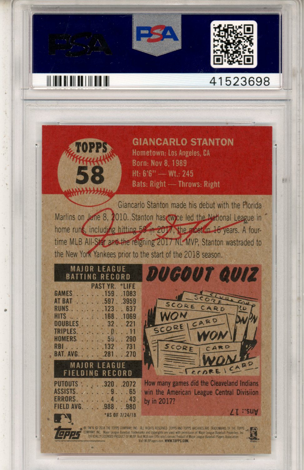 2018 Topps Living Giancarlo Stanton #58 PSA 10 - Graded Sports Cards