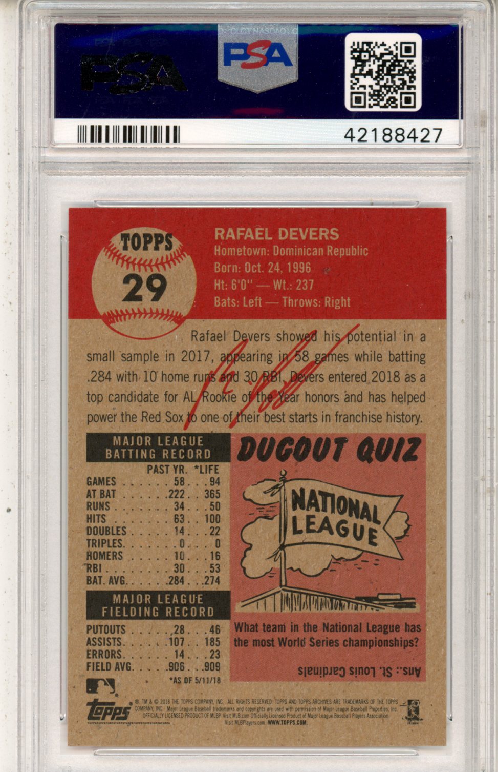 2018 Topps Living Rafael Devers #29 PSA 10 - Graded Sports Cards