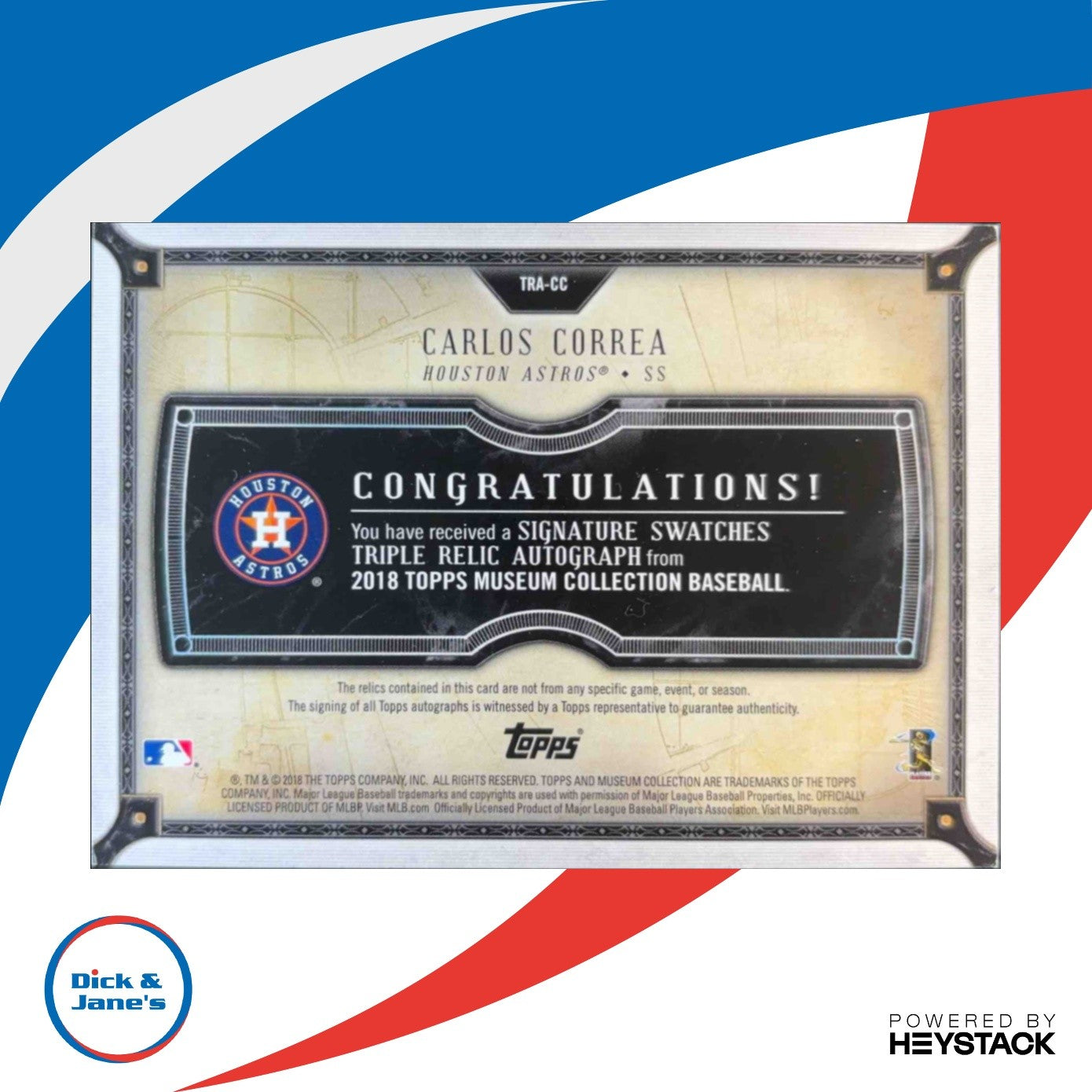 2018 Topps Museum Collection Carlos Correa Signature JSY Triple Relic Auto 34/99 - Sports Cards