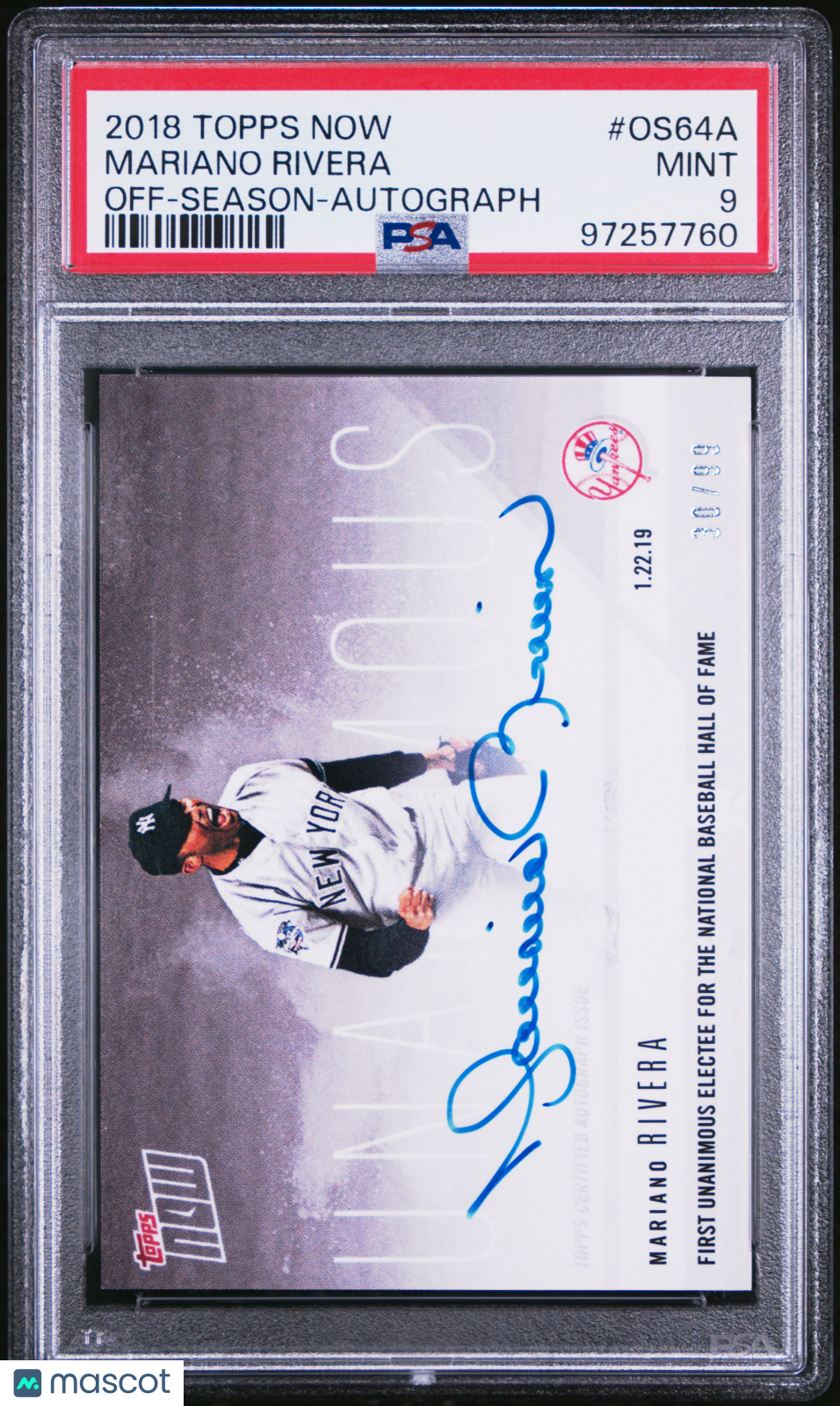 2018 Topps Now Off-Season Mariano Rivera Autograph 30/99 #OS64A PSA 9 - Graded Sports Cards