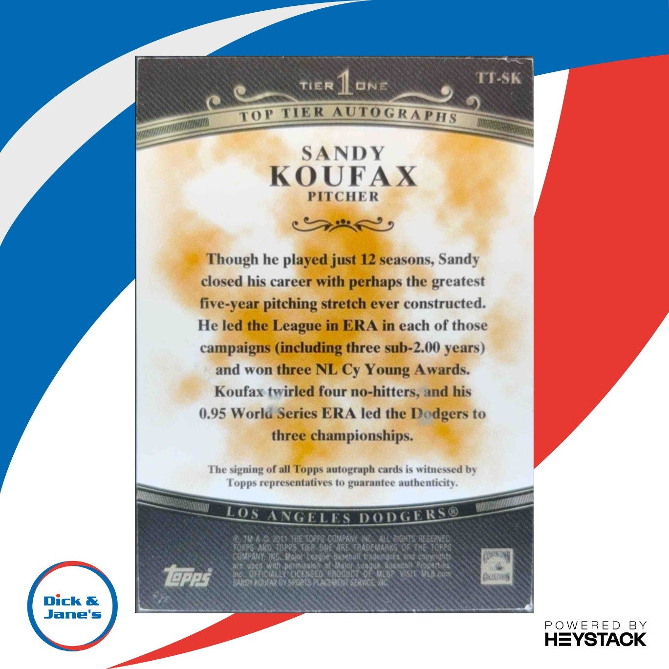 2018 Topps Tier One Sandy Koufax Auto Bronze Ink 22/25 #T1A-SK LA Dodgers - Sports Cards