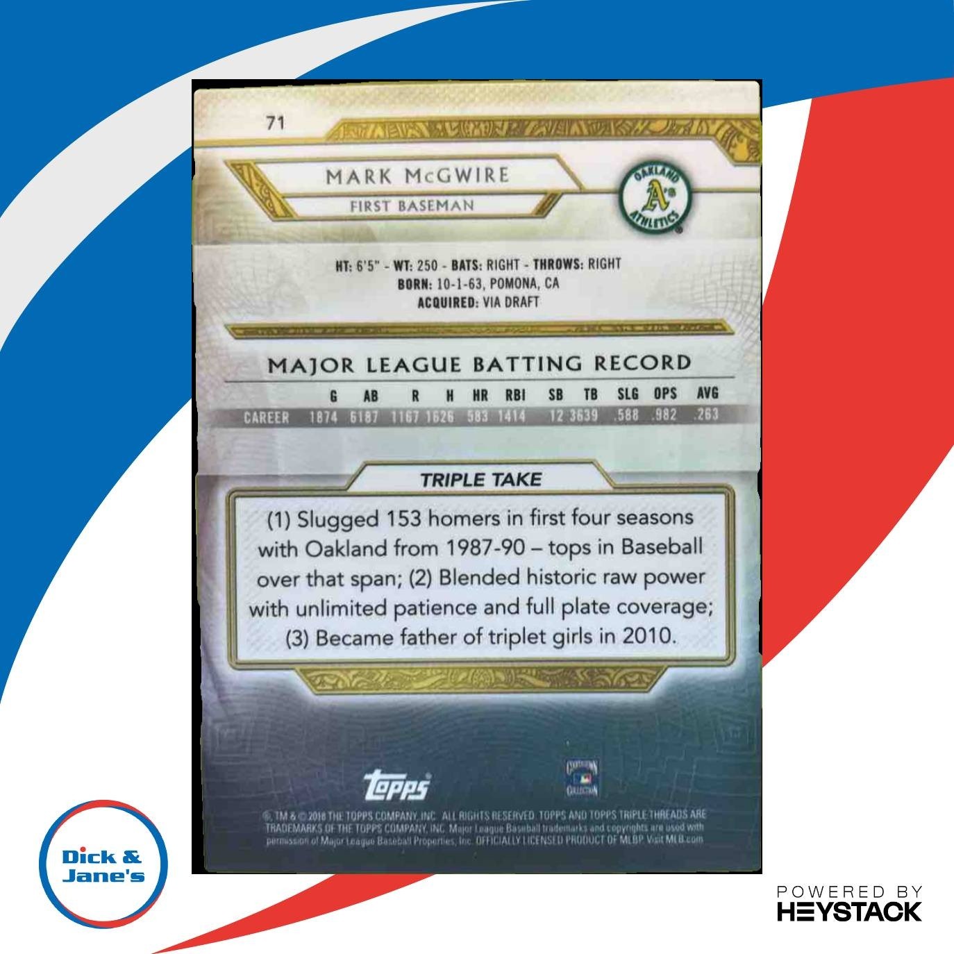 2018 Topps Triple Threads Mark McGwire Emerald 146/259 #71 Oakland Athletics - Sports Cards