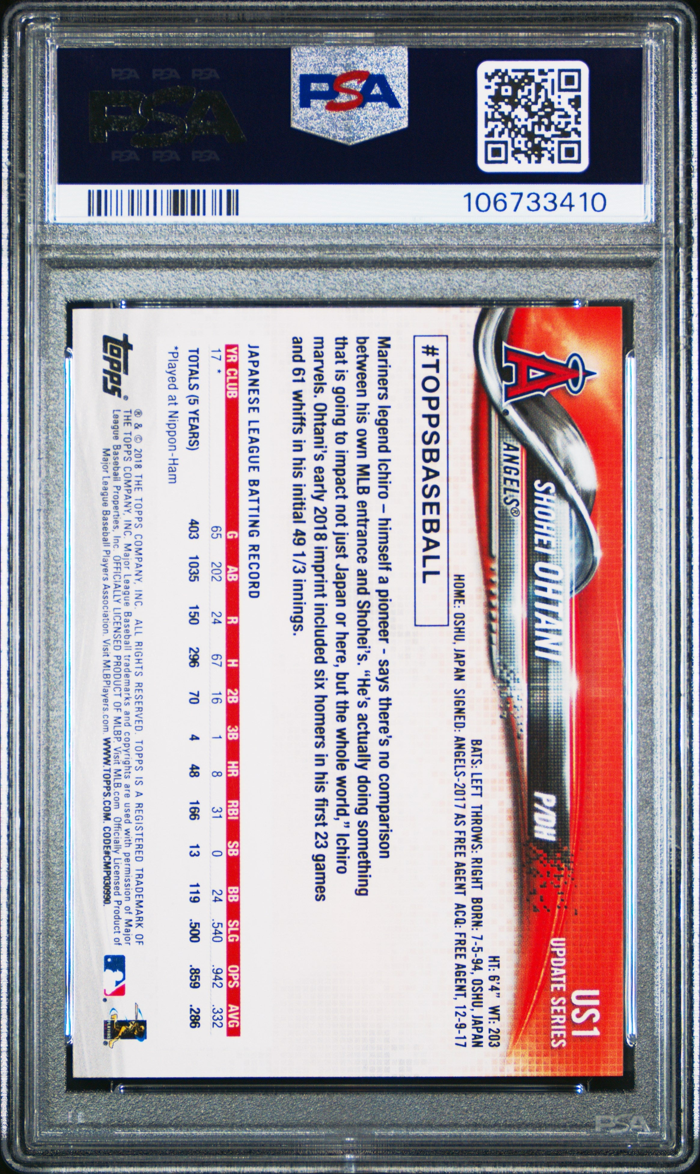 2018 Topps Update Shohei Ohtani Rookie #US1 PSA 10 Anaheim Angels GEM MINT Graded Sports Cards