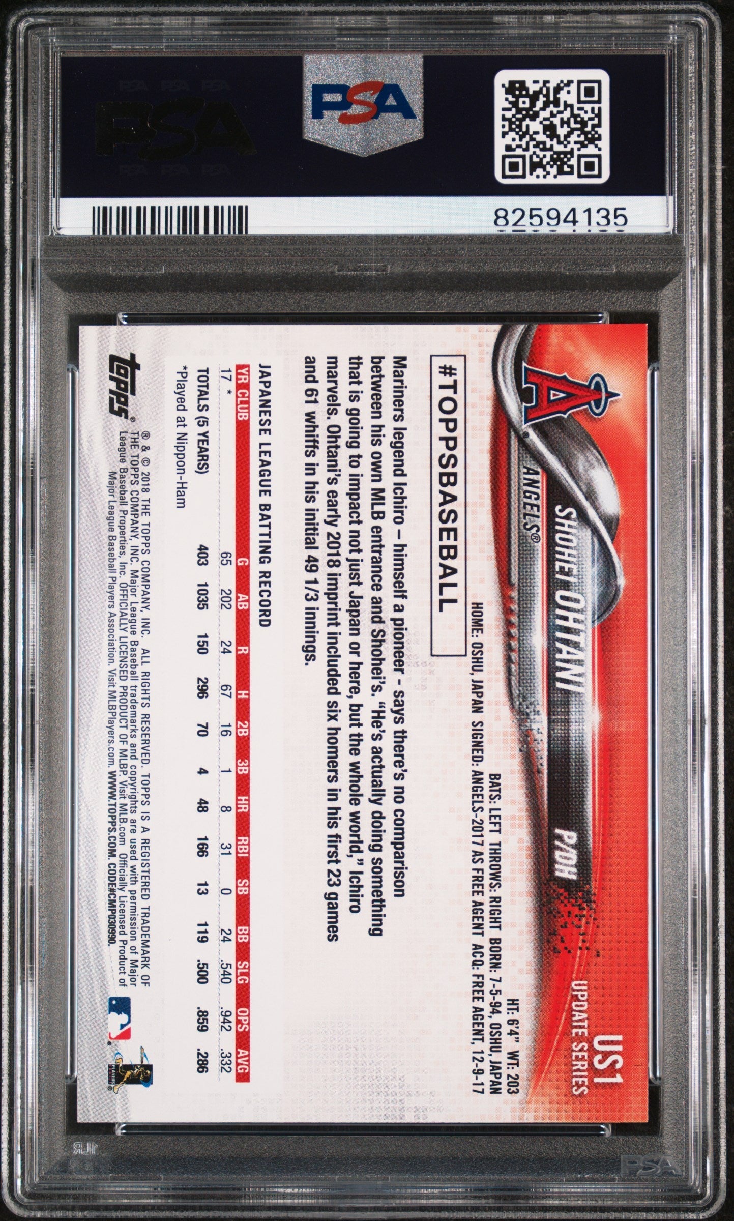 2018 Topps Update Shohei Ohtani Rookie #US1 PSA 10 GEM MINT Anaheim Angels Graded Sports Cards