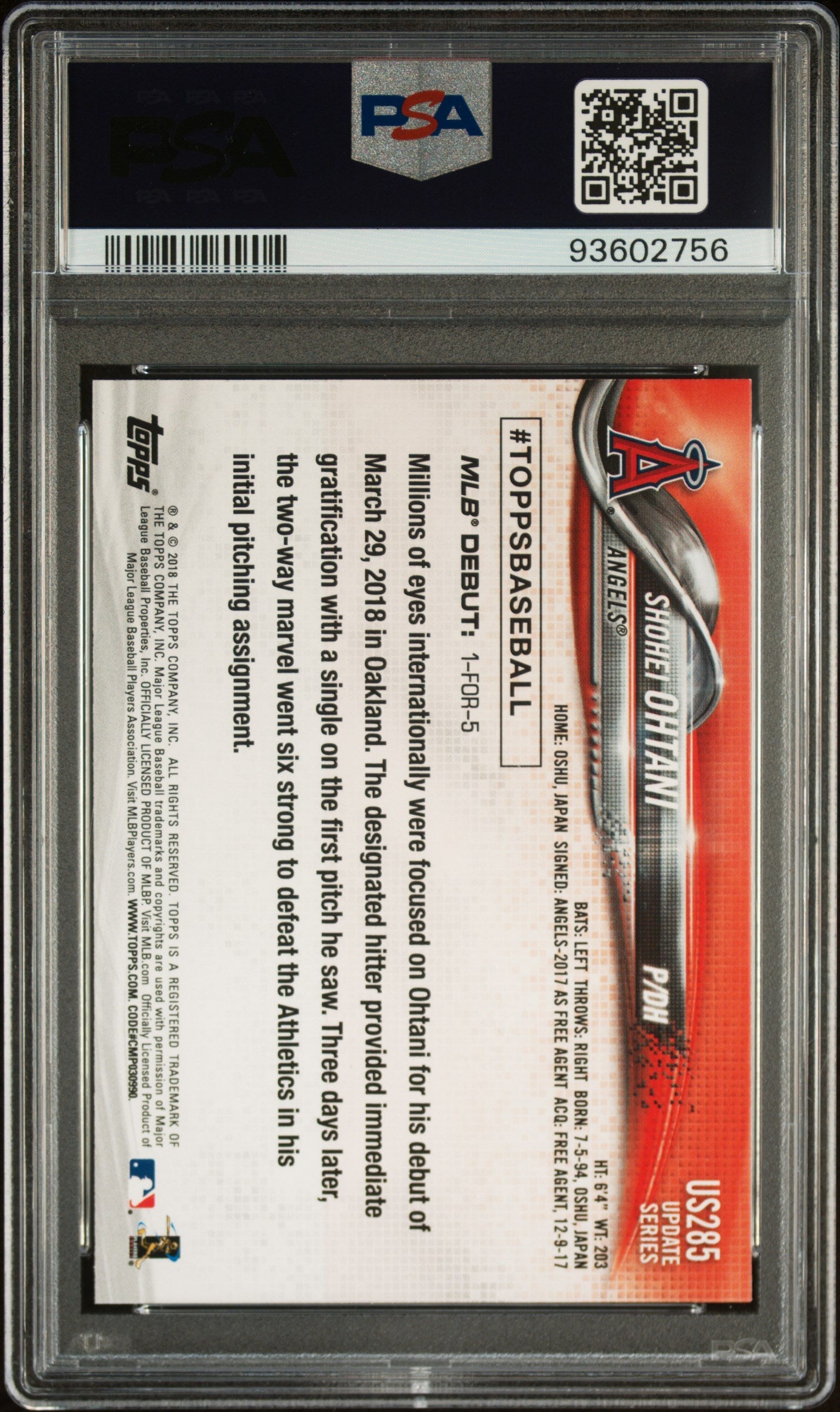 2018 Topps Update Shohei Ohtani Rookie #US285 PSA 10 GEM MINT Los Angeles Angels - Graded Sports Cards