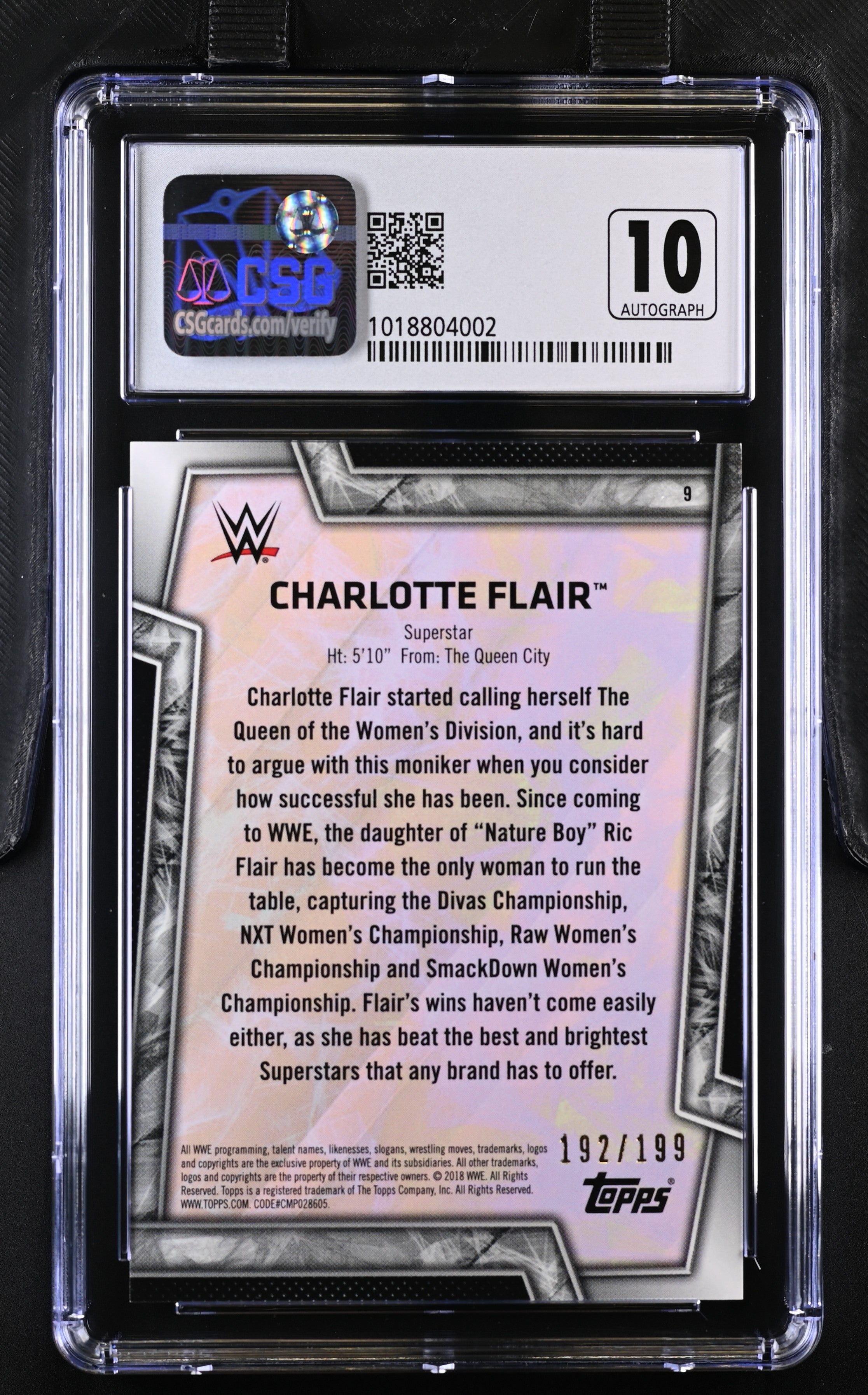 2018 Women’s Division Evolution Charlotte Flair Auto 192/199 CGC 9 MINT AUTO 10 - Graded Sports Cards