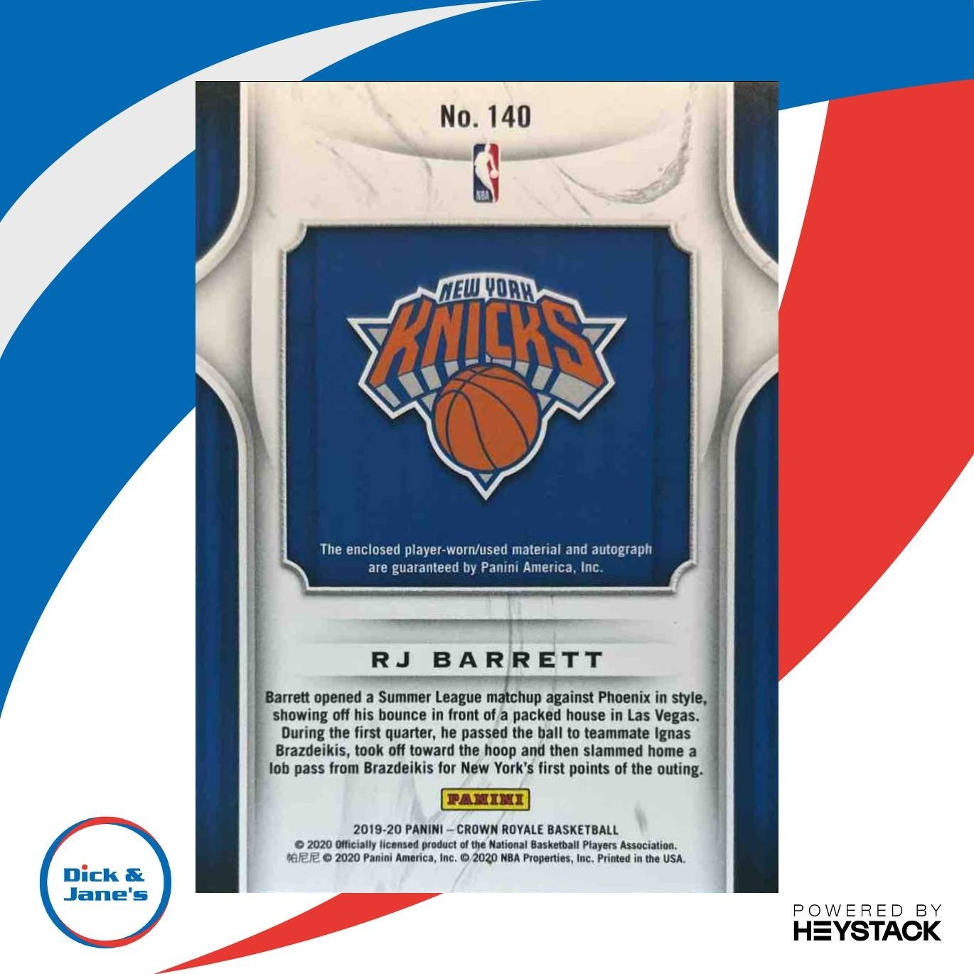 2019-20 Panini Crown Royale RJ Barrett 136/199 #140 RC Auto New York Knicks - Sports Cards