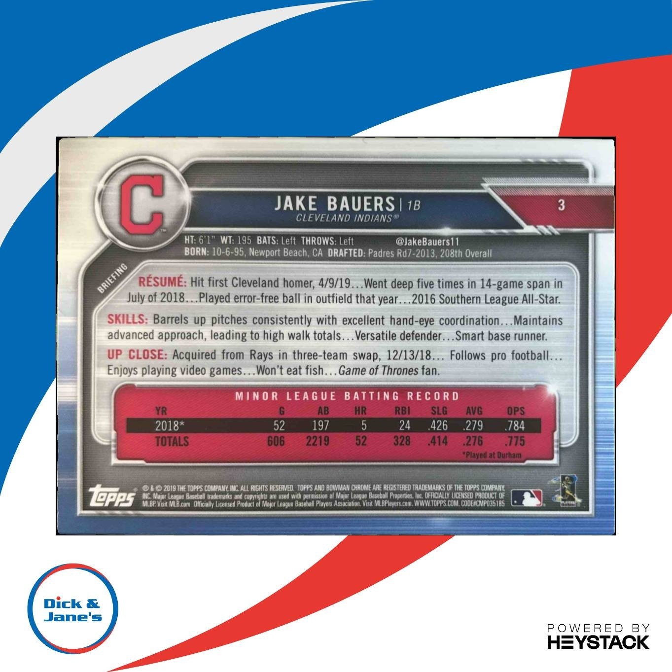 2019 Bowman Chrome Jake Bauers #3 RC Cleveland Indians - Sports Cards