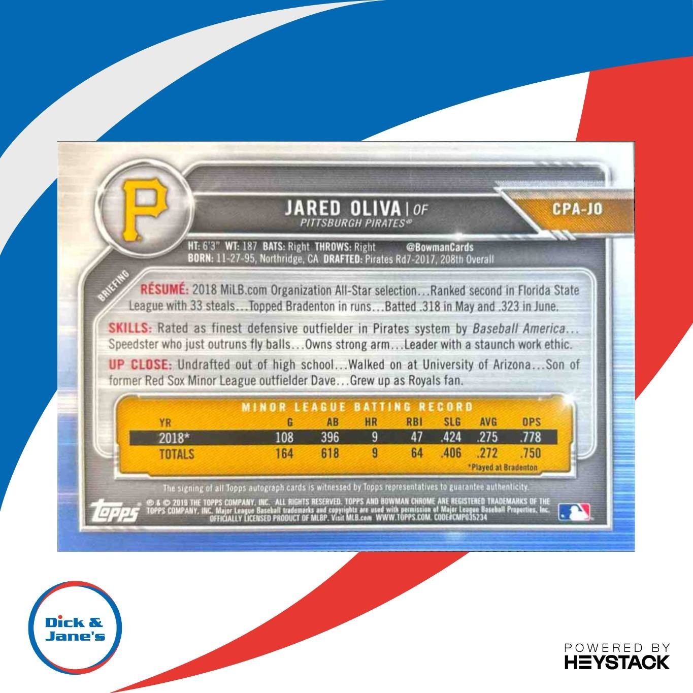 2019 Bowman Chrome Jared Oliva Auto #CPA-JO 1st Prospect Pittsburgh Pirates - Sports Cards