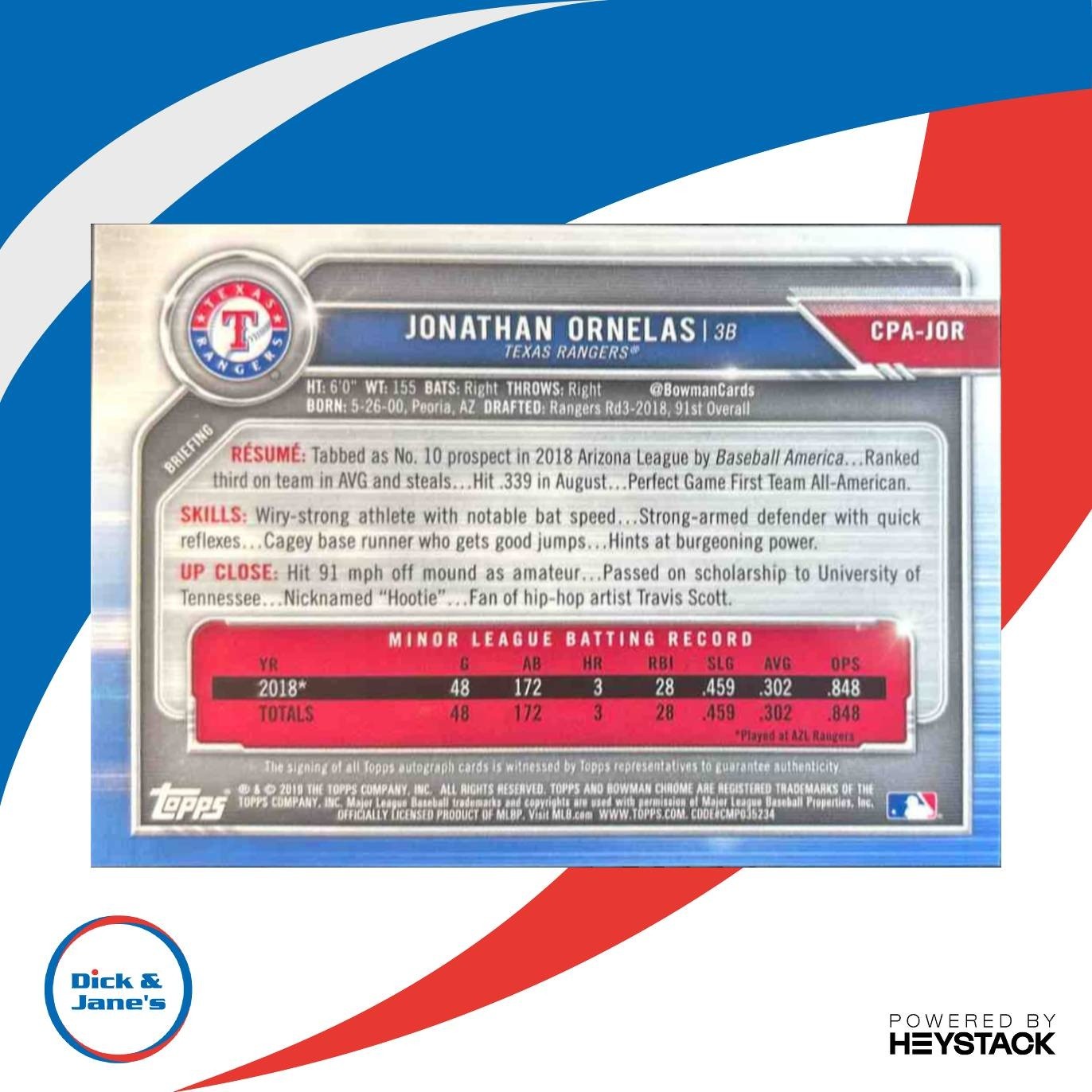 2019 Bowman Chrome Jonathan Ornelas Prospects Auto #CPA-JOR Texas Rangers - Sports Cards