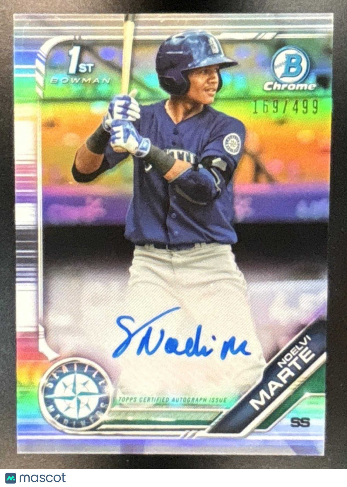 2019 Bowman Chrome Noelvi Marte Prospects Auto Refractor /499 Seattle Mariners - Sports Cards