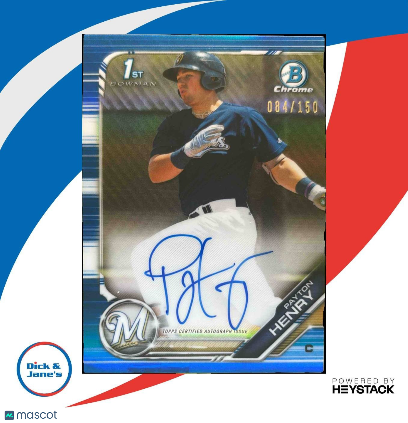 2019 Bowman Chrome Payton Henry Prospects Auto Blue /150 Milwaukee Brewers - Sports Cards
