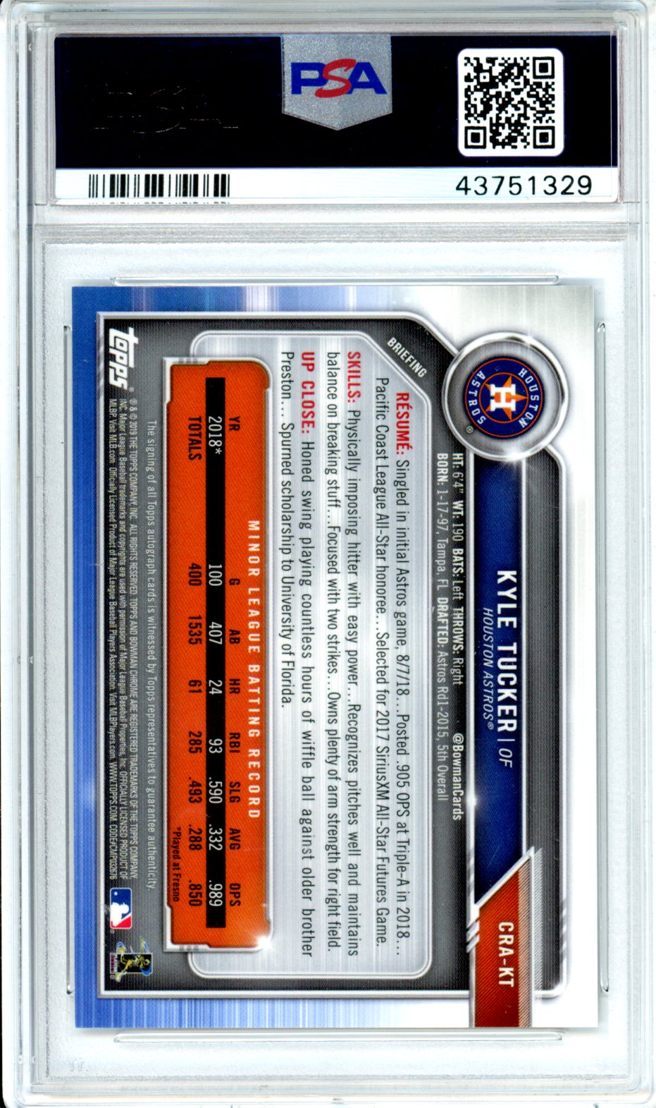 2019 Bowman Chrome Rookie Autographs Chrome Kyle Tucker PSA 10 Houston Astros Graded Sports Cards