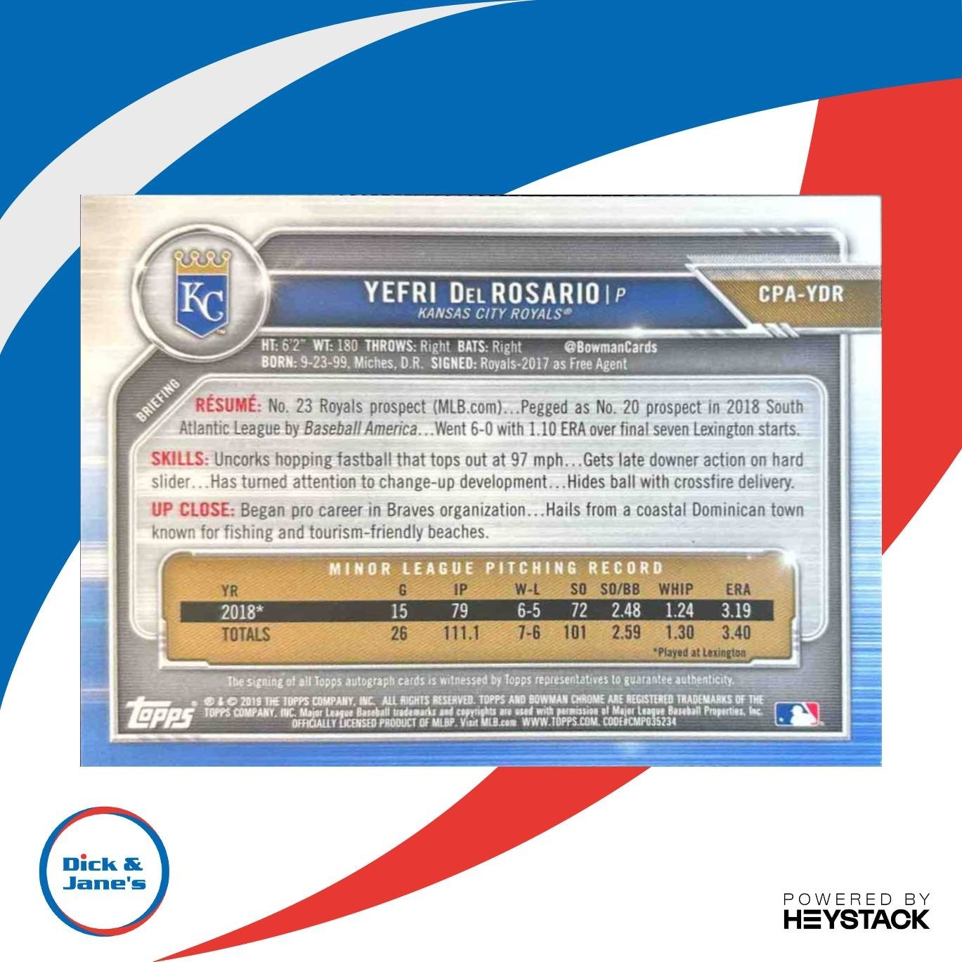 2019 Bowman Chrome Yefri Del Rosario Auto 1st Prospect Kansas City Royals - Sports Cards