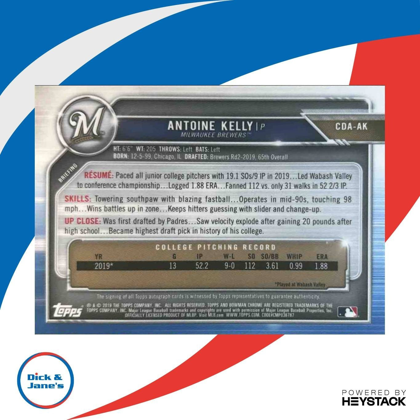 2019 Bowman Draft Antoine Kelly Chrome Pick Auto #CDA-AK Milwaukee Brewers - Sports Cards