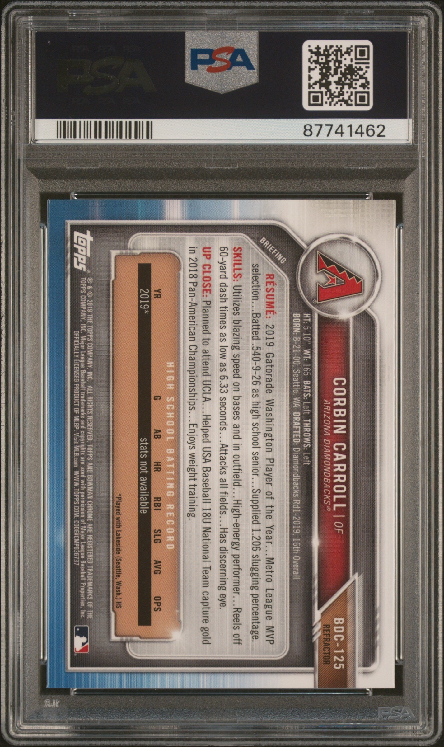 2019 Bowman Draft Corbin Carroll Chrome Refractor #BDC125 PSA 9 - Graded Sports Cards