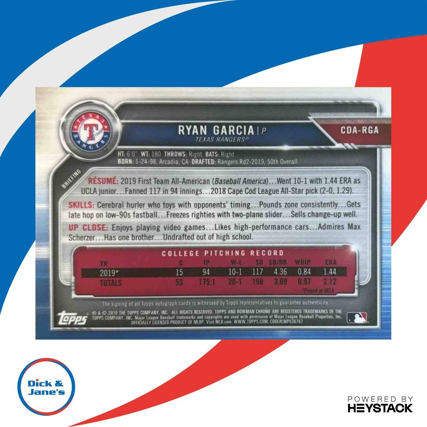 2019 Bowman Draft Ryan Garcia Chrome Pick Auto #CDA-RGA Texas Rangers - Sports Cards