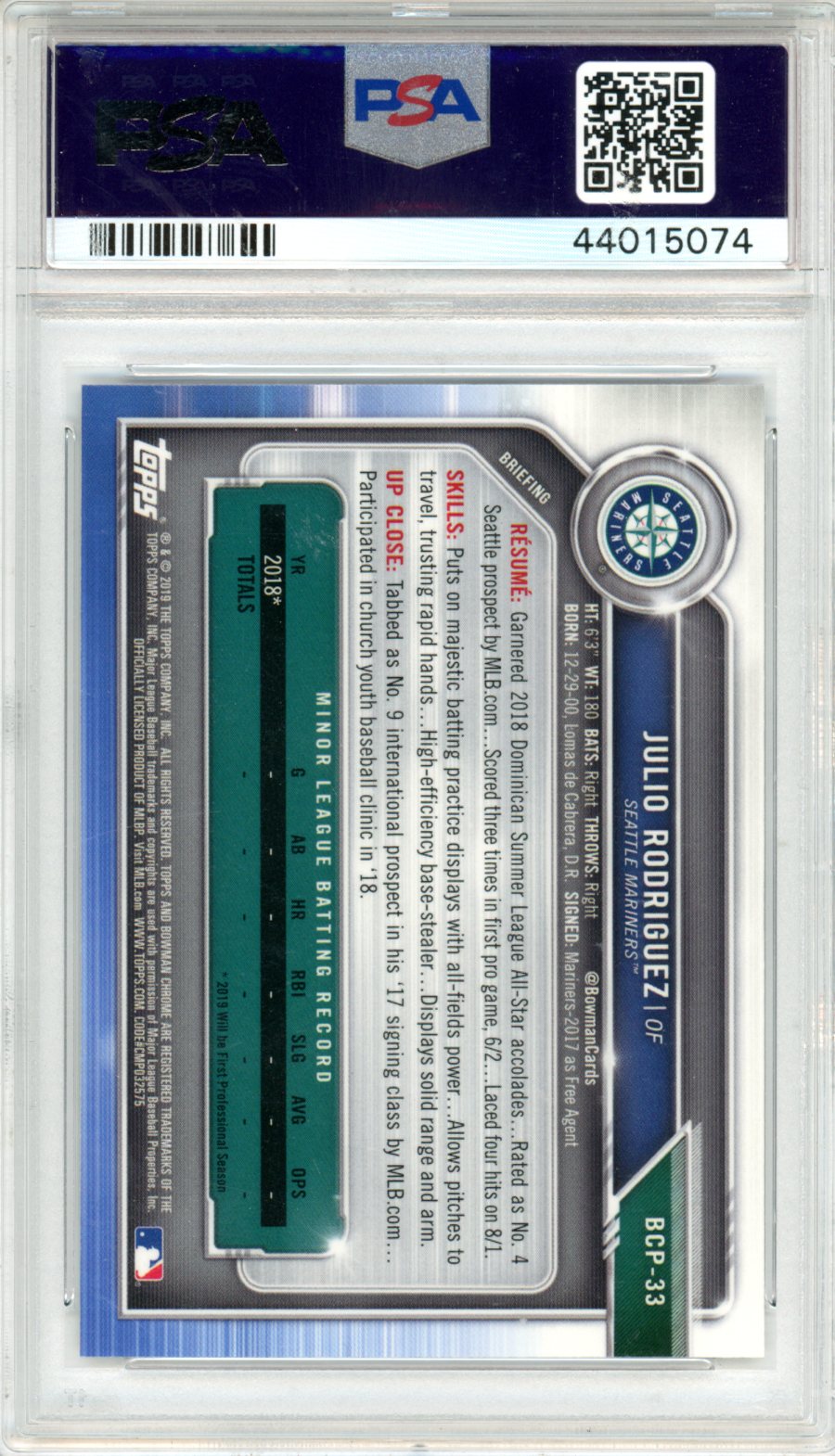 2019 Bowman Prospects Chrome Julio Rodriguez #33 PSA 10 - Graded Sports Cards