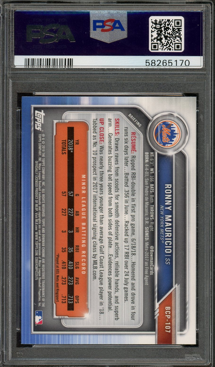 2019 Bowman Prospects Chrome Ronny Mauricio #107 PSA 10 New York Mets - Graded Sports Cards