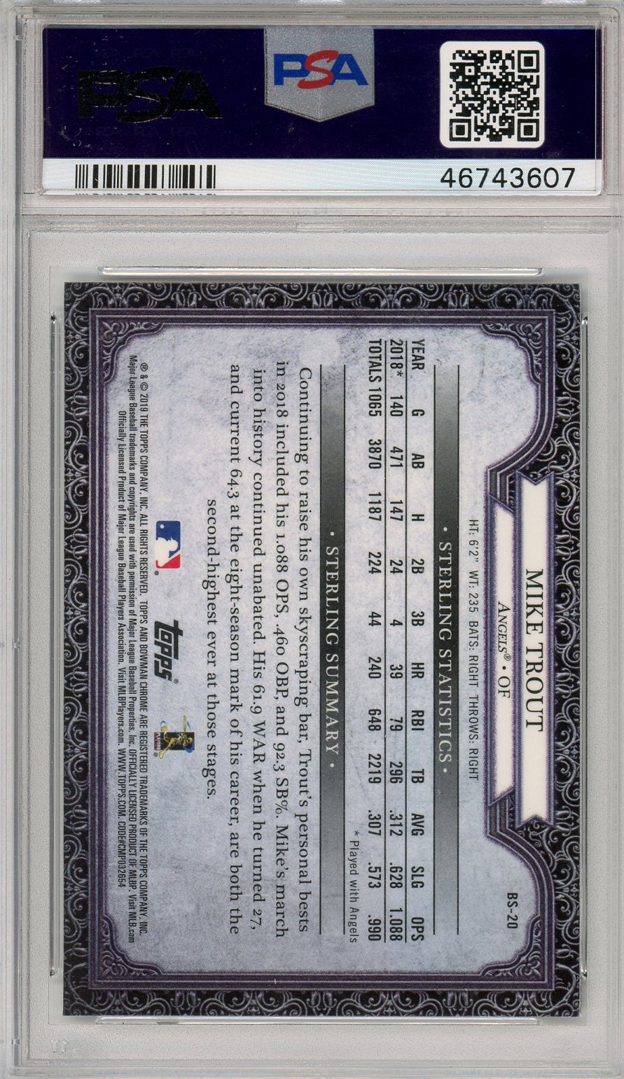 2019 Bowman Sterling Continuity Mike Trout Mint #BS-20 PSA 9 Los Angeles Angels - Graded Sports Cards