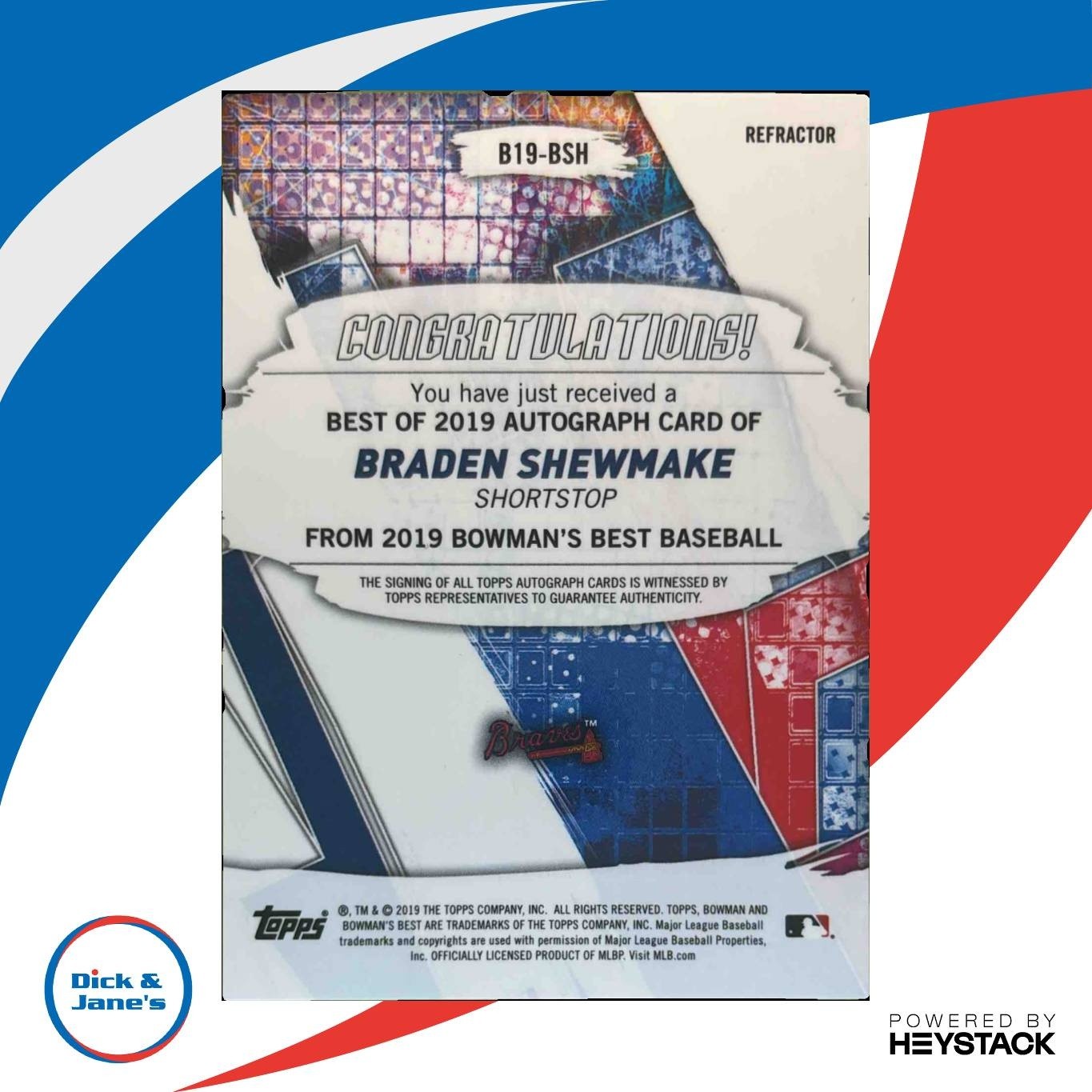 2019 Bowman’s Best Braden Shewmake Best of Auto #B19-BSH Atlanta Braves - Sports Cards