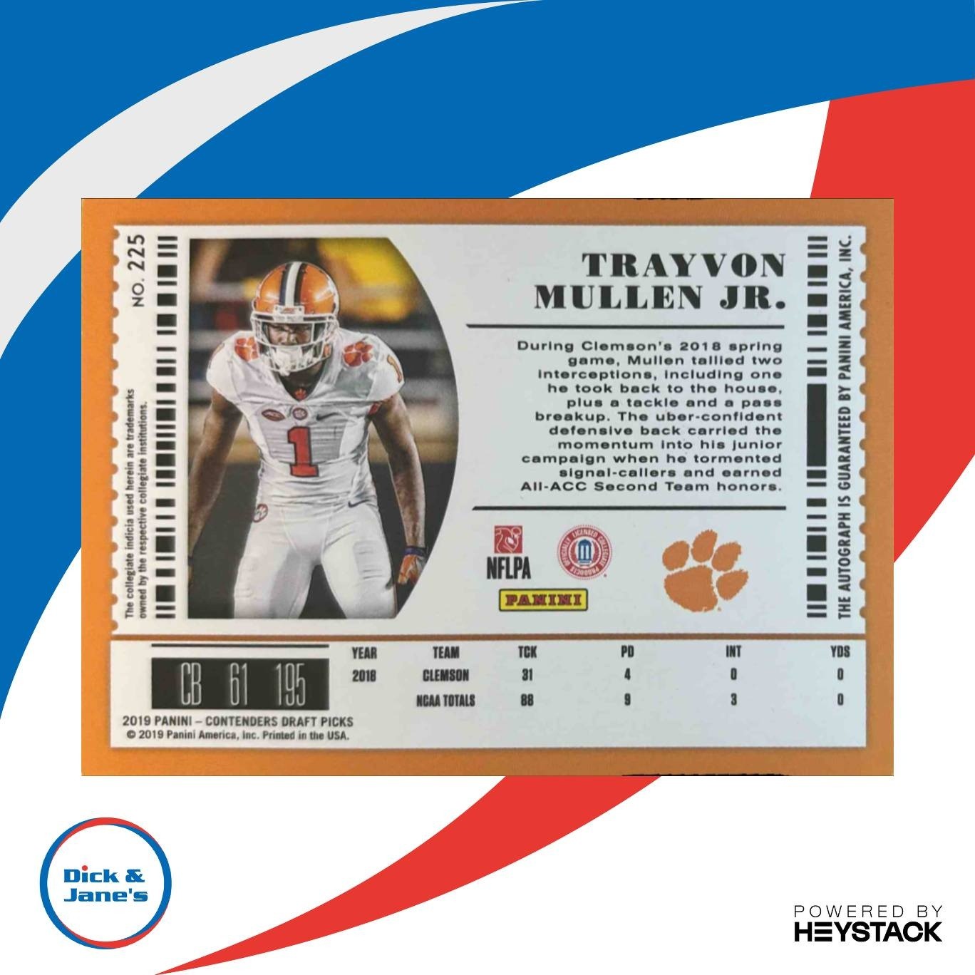 2019 Contenders College Trayvon Mullen Jr. Bowl Ticket /99 #225 RC Auto Clemson - Sports Cards