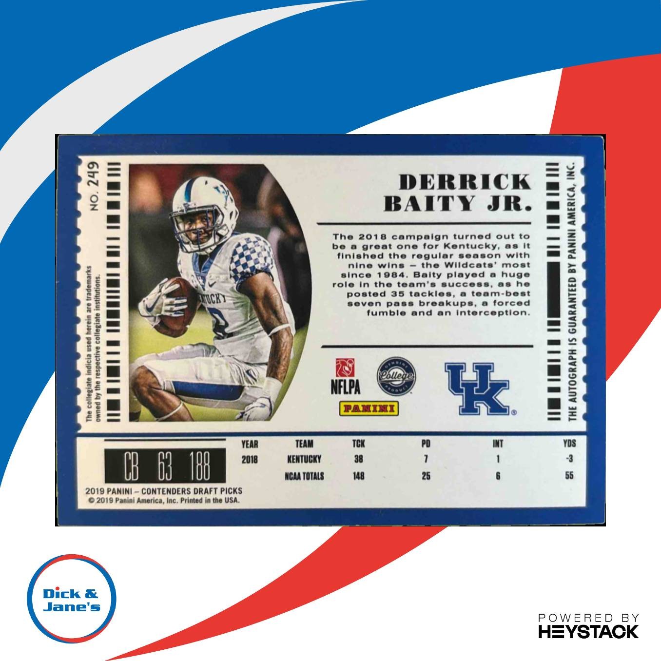 2019 Contenders Draft Picks Collegiate Derrick Baity Jr. #249 RC Auto Wildcats - Sports Cards