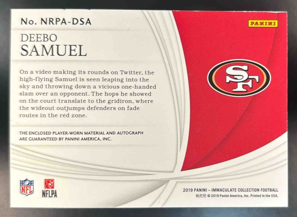 2019 Immaculate Collection Deebo Samuel Patch Auto /19 MEM RC San Francisco 49er - Sports Cards