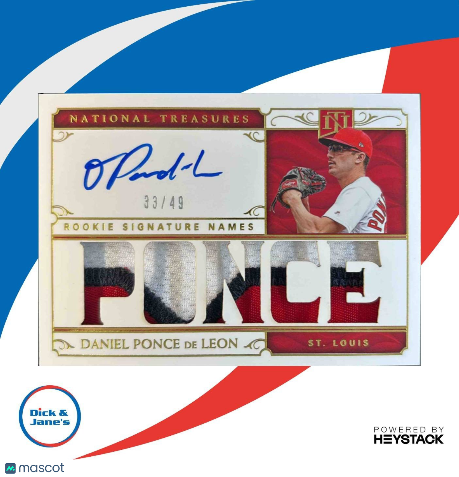 2019 National Treasures Daniel Ponce de Leon /49 #44 MEM Auto RC Cardinals - Sports Cards