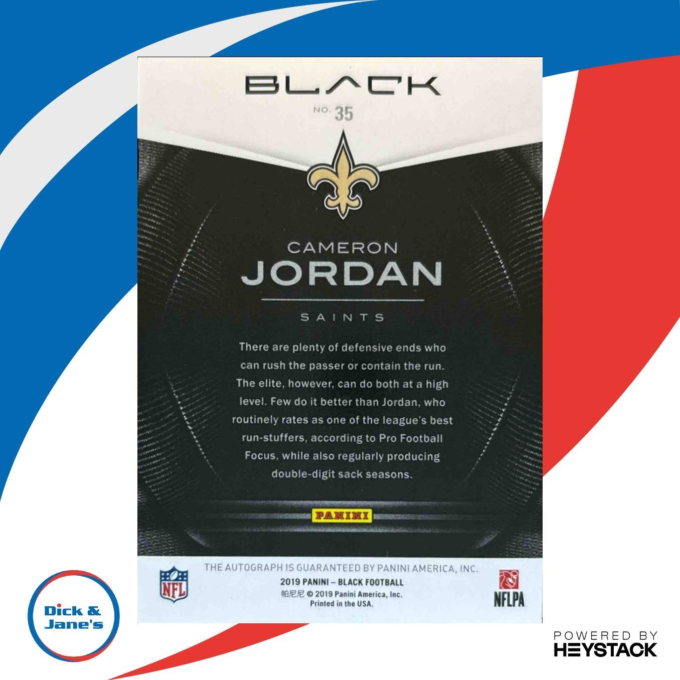 2019 Panini Black Cameron Jordan Auto Copper 3/15 #35 New Orleans Saints - Sports Cards