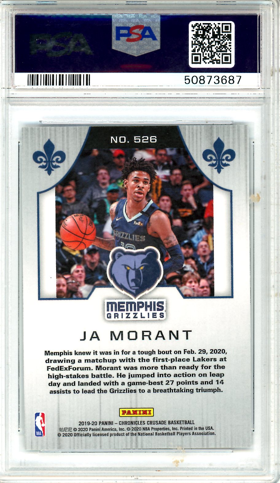 2019 Panini Chronicles Ja Morant Rookie #526 PSA 10 GEM MINT Memphis Grizzlies - Graded Sports Cards