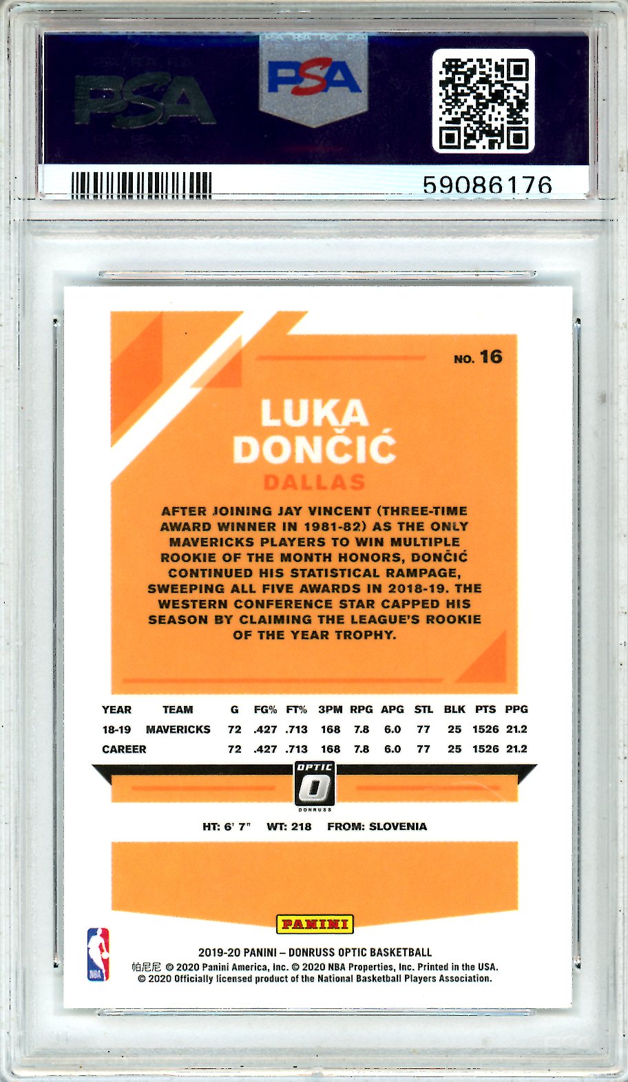 2019 Panini Donruss Optic Luka Doncic #16 PSA 9 MINT Dallas Mavericks - Graded Sports Cards