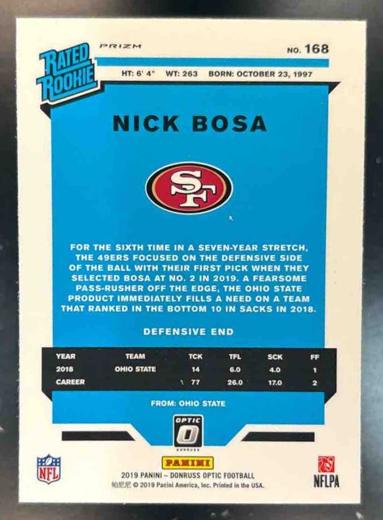 2019 Panini Donruss Optic Nick Bosa Red and Yellow #168 RC San Francisco 49ers - Sports Cards