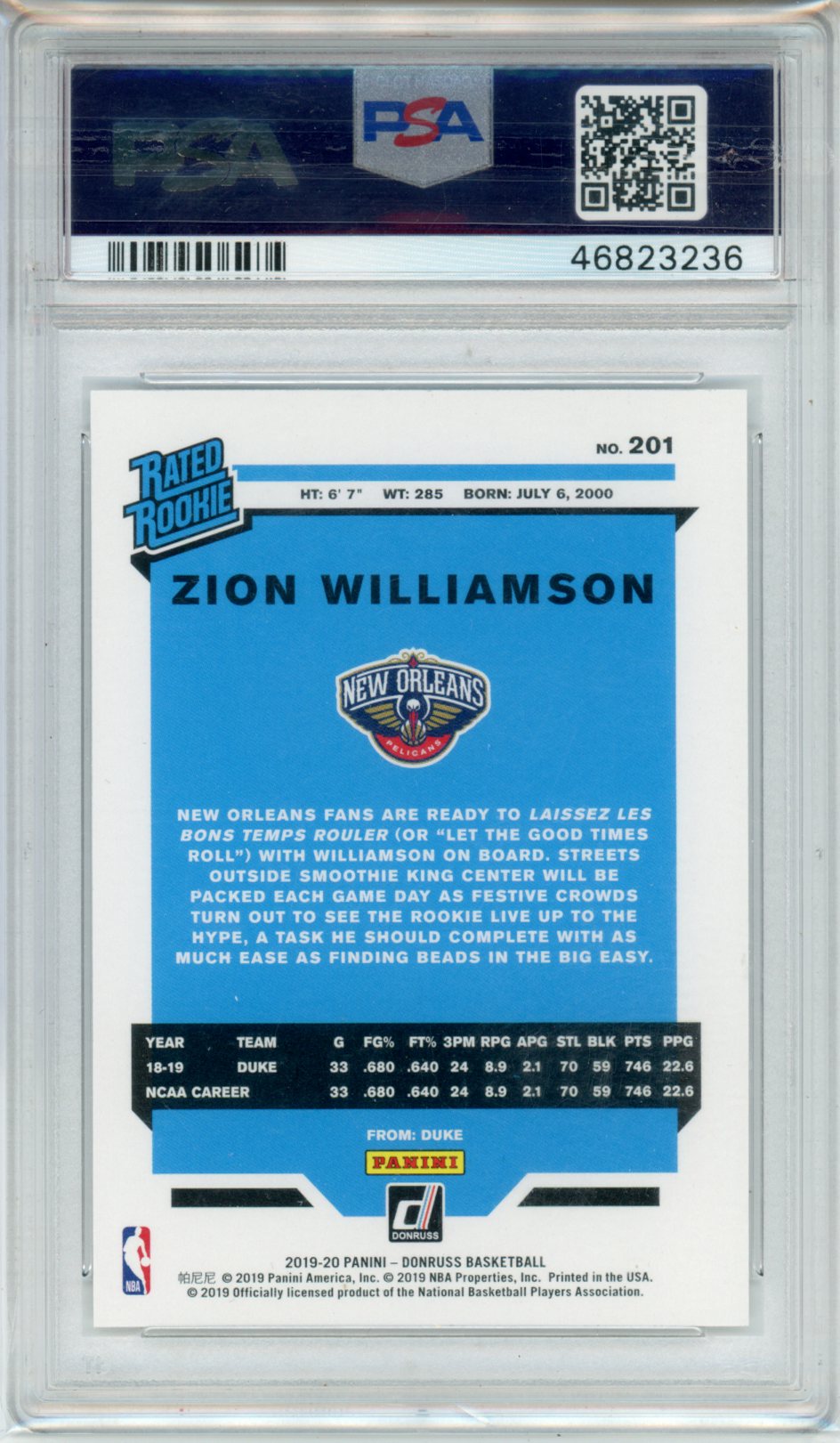 2019 Panini Donruss Zion Williamson #201 PSA 8 - Graded Sports Cards