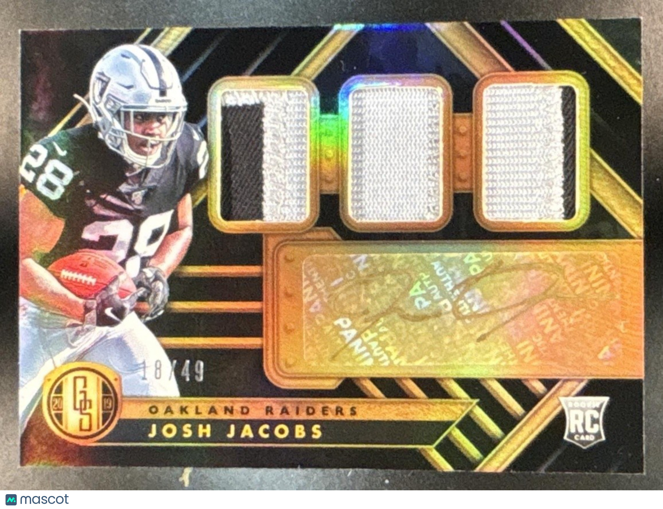 2019 Panini Gold Standard Josh Jacobs Triple Patch Auto /49 RC Oakland Raiders - Sports Cards