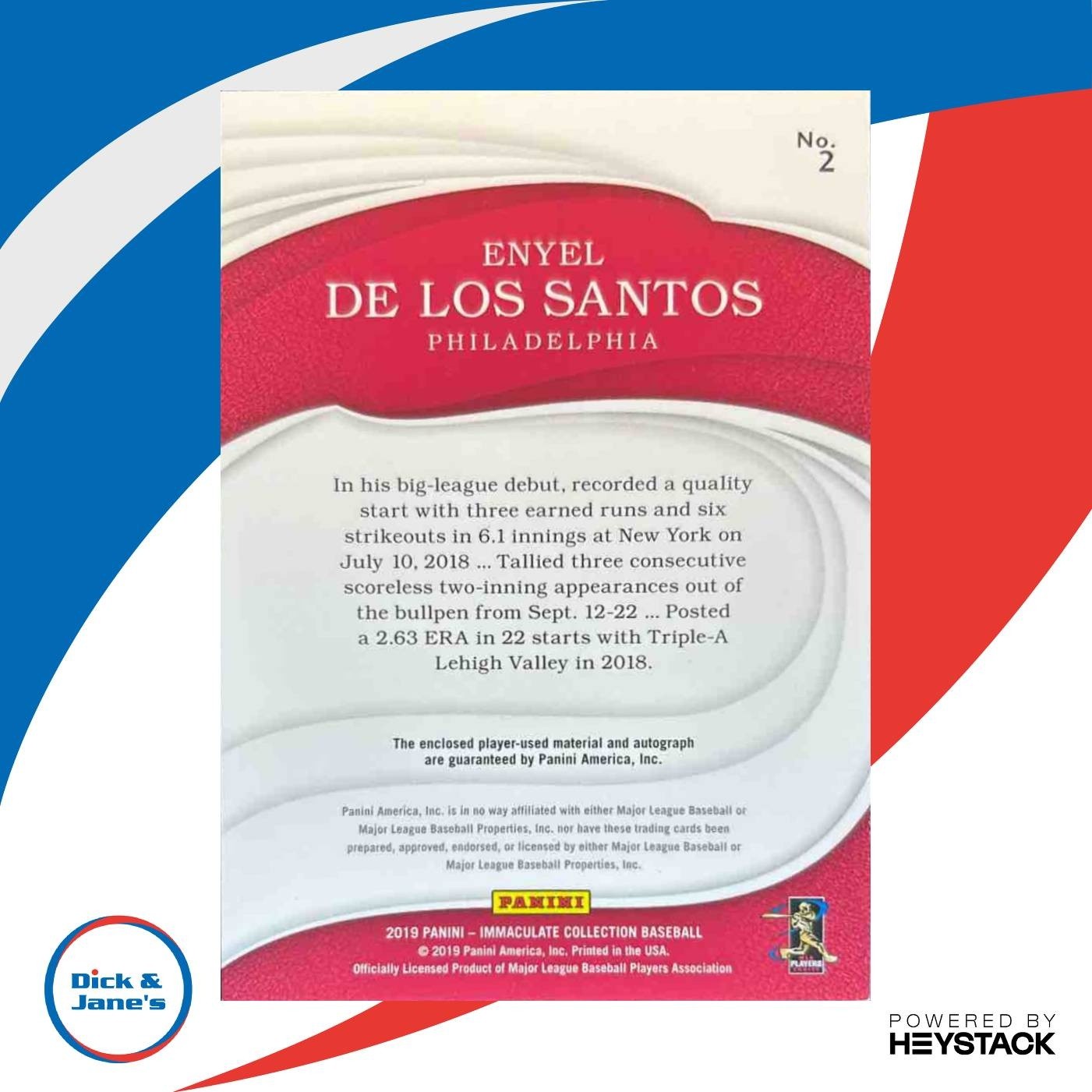 2019 Panini Immaculate Collection Enyel De Los Santos /99 #2 MEM Auto Phillies - Sports Cards
