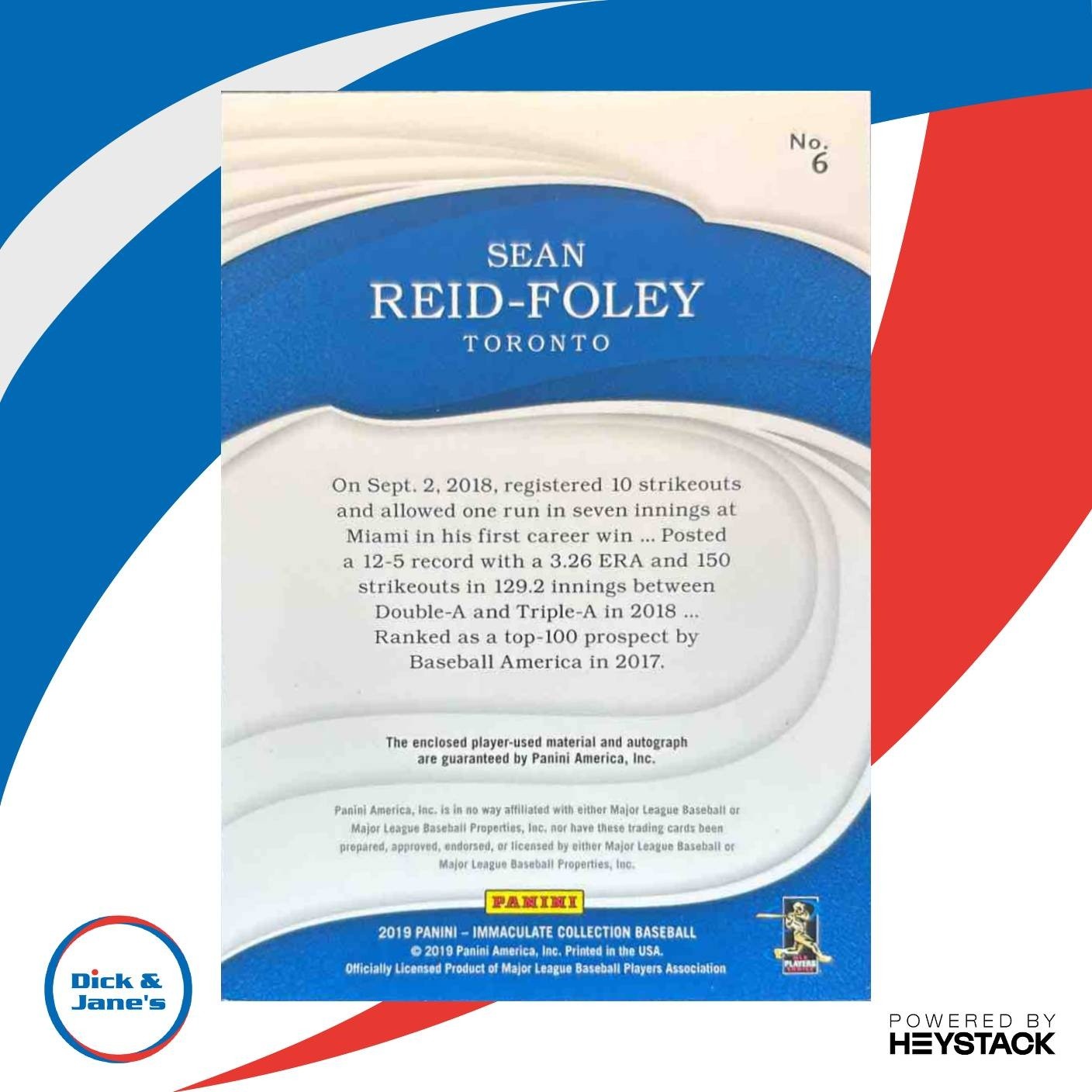 2019 Panini Immaculate Collection Sean Reid-Foley /49 #6 MEM Auto RC Blue Jays - Sports Cards