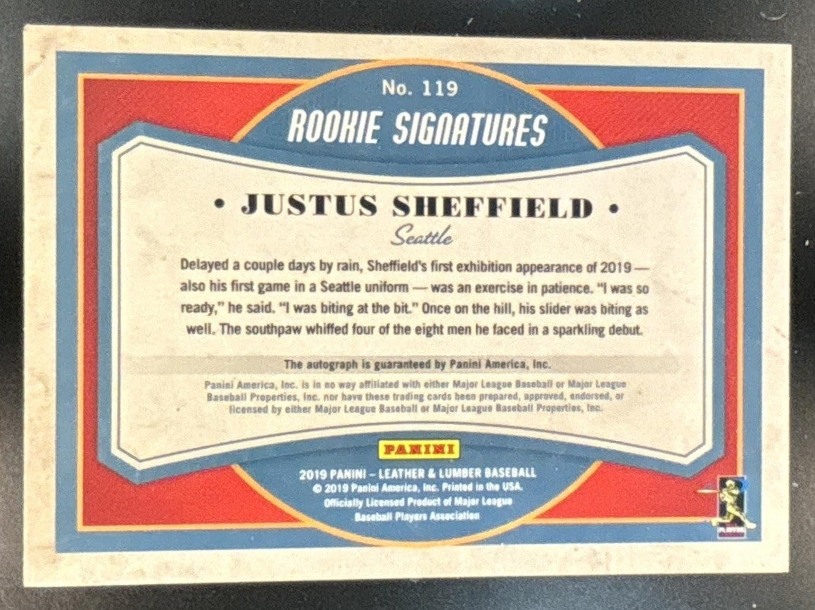 2019 Panini Leather & Lumber Justus Sheffield Signatures /75 RC Auto Mariners - Sports Cards
