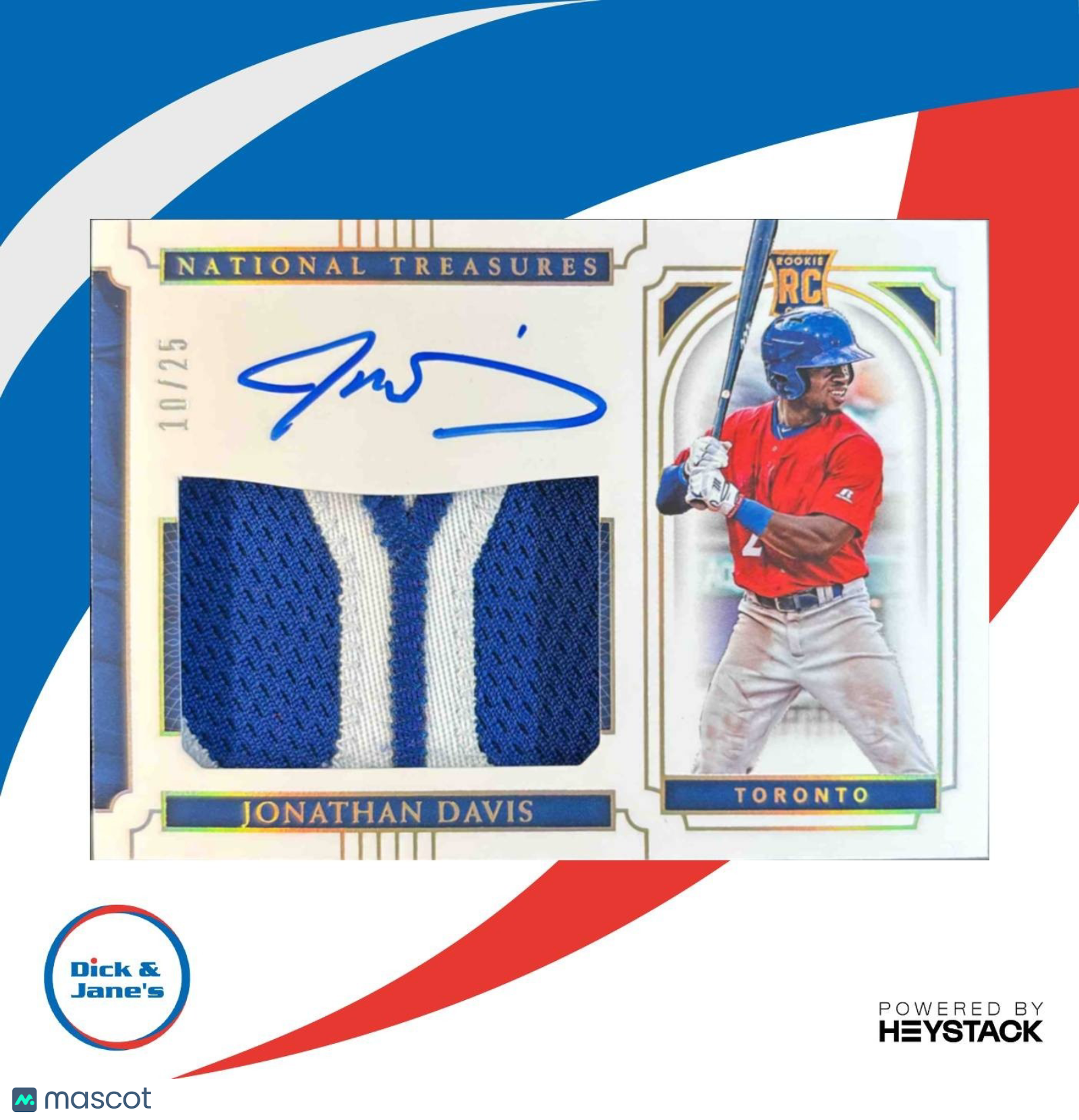 2019 Panini National Treasures Jonathan Davis /25 #37 MEM Auto RC Blue Jays - Sports Cards