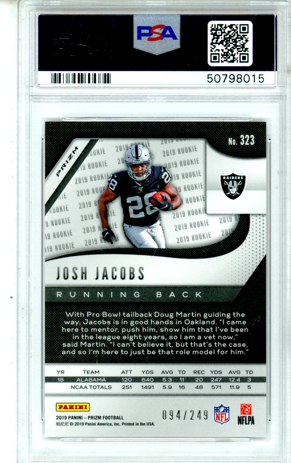 2019 Panini Prizm Josh Jacobs Orange /249 #323 PSA 10 - Graded Sports Cards