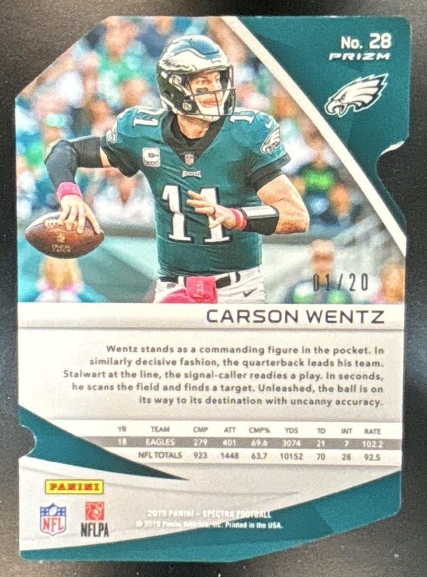 2019 Panini Spectra Carson Wentz Neon Pink Die Cut 1/20 #28 Philadelphia Eagles - Sports Cards