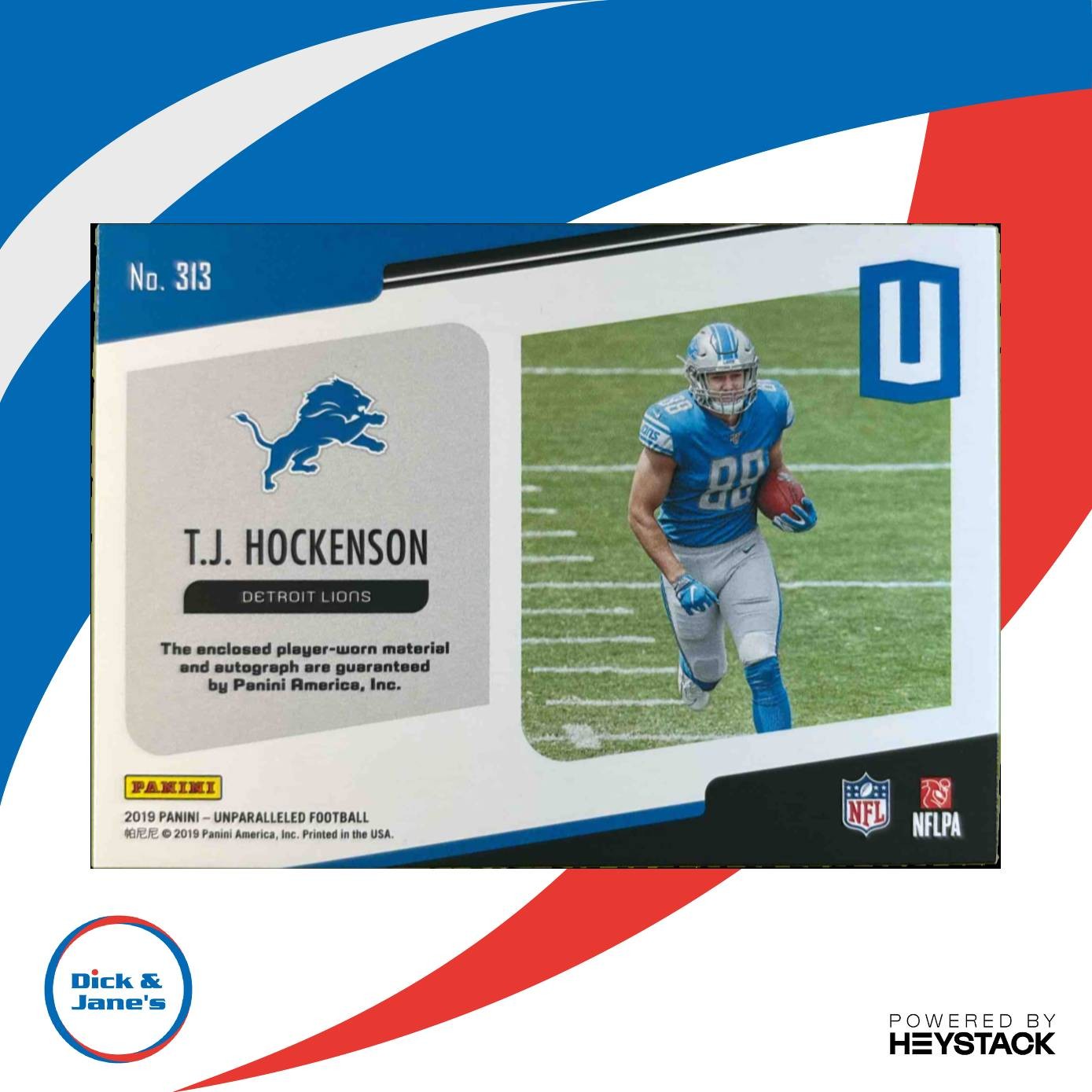2019 Panini Unparalleled T.J. Hockenson Rookie Jersey Auto #313 RC Detroit Lions - Sports Cards