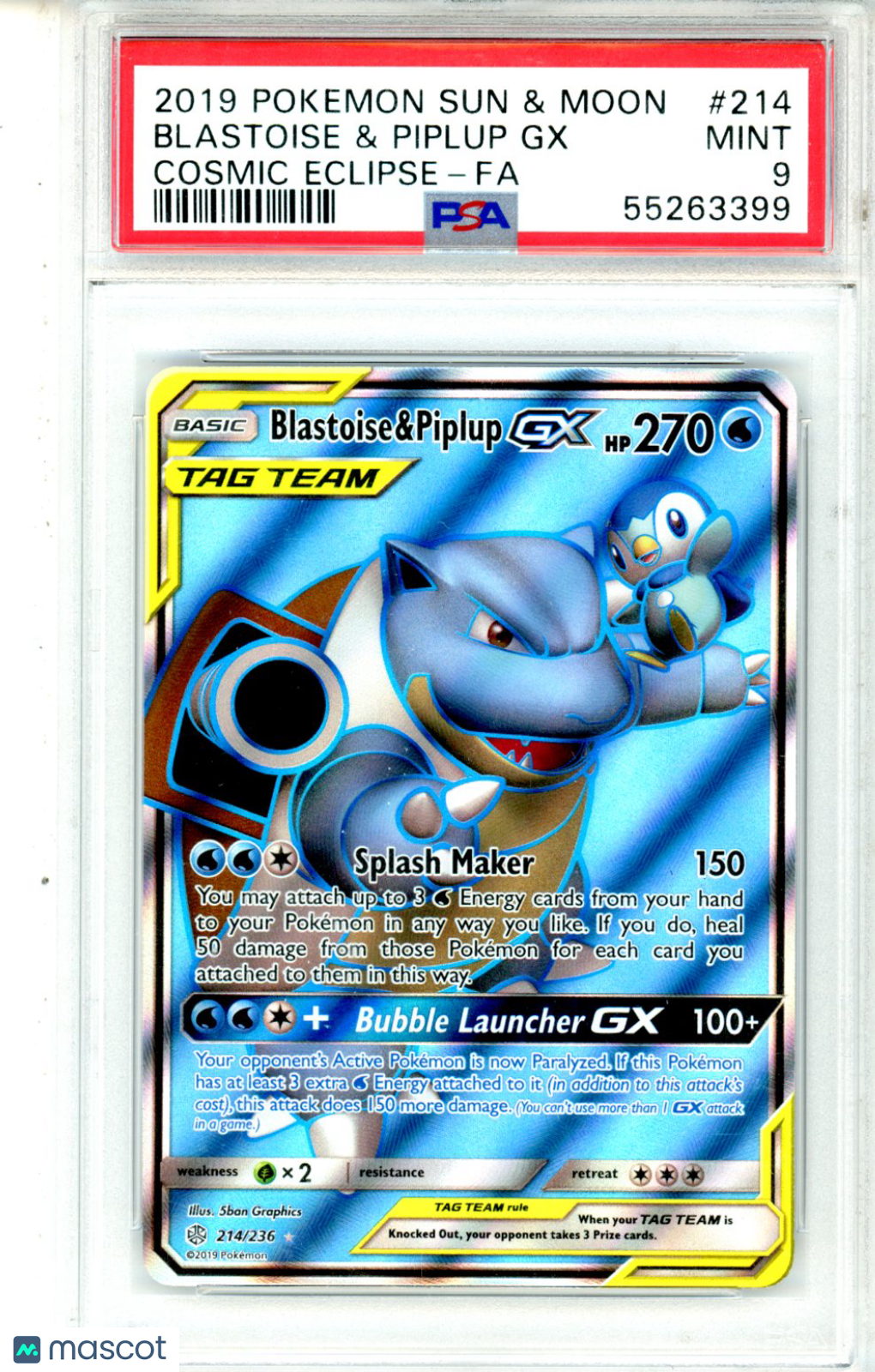 2019 Pokemon Sun & Moon Cosmic Eclipse Blastoise & Piplup GX #214 FA PSA 9 MINT - Graded TCG/CCG