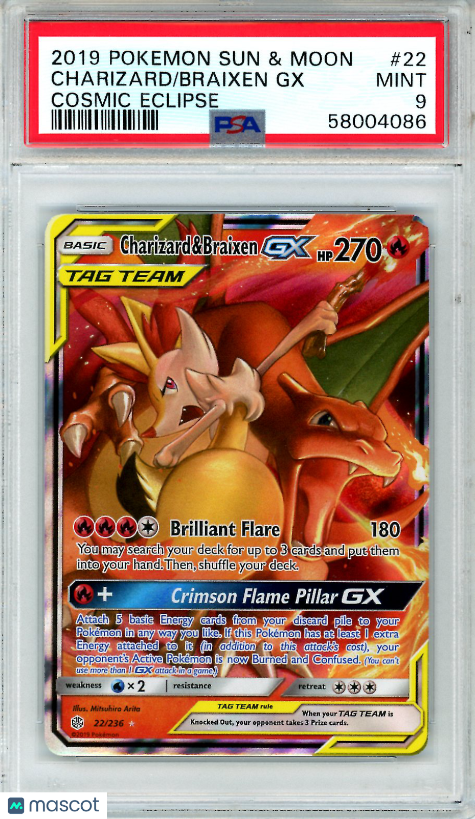 2019 Pokemon Sun & Moon Cosmic Eclipse Charizard & Braixen GX #22 PSA 9 MINT - Graded TCG/CCG