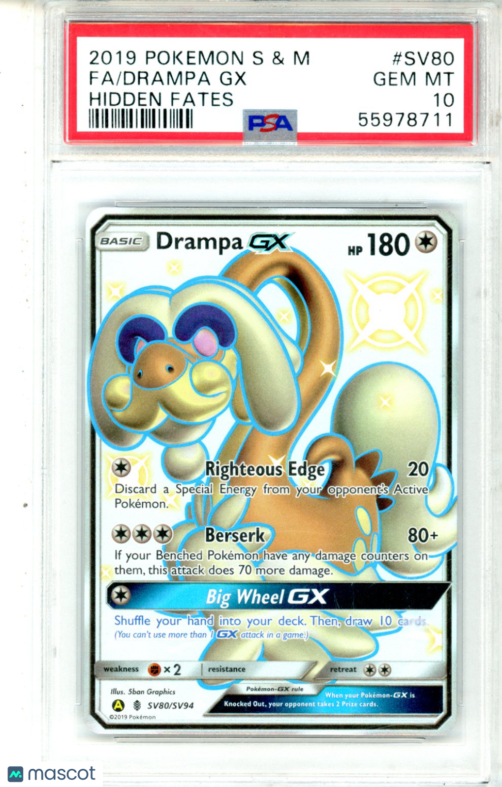2019 Pokemon Sun & Moon Hidden Fates Drampa GX #SV80 FA PSA 10 GEM MINT - Graded TCG/CCG